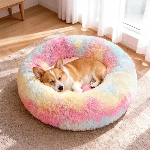 Miniatura 13 de Cama para perros en forma de dona, tamaño mediano, camas redondas para perros y gatos pequeños y medianos con piel sintética esponjosa lavable, Gris