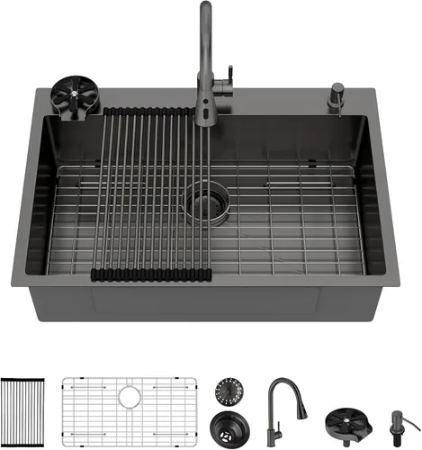 Miniatura 29 de Fregadero de cocina de 25 pulgadas, fregadero de un solo cuenco, color negro mate, calibre 18, 25 x 22 pulgadas, acero inoxidable, montaje superior
