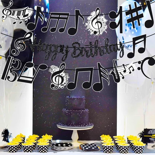 Miniatura 6 de Cartel de feliz cumpleaños con notas musicales, decoraciones de fiesta musical negra para tema de piano, suministros de baby shower