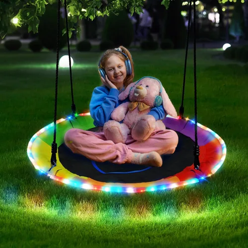 Miniatura 5 de Trekassy Columpio de árbol de platillo de 40 pulgadas para niños y adultos al aire libre con luces LED, 2 correas para colgar en el árbol, arcoíris
