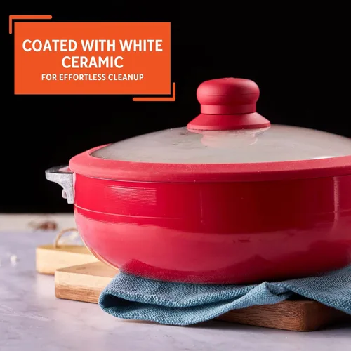 Miniatura 4 de IMUSA USA 3.2Qt Caldero antiadherente de cerámica roja (horno holandés) con borde de silicona y tapa de vidrio Rojo
