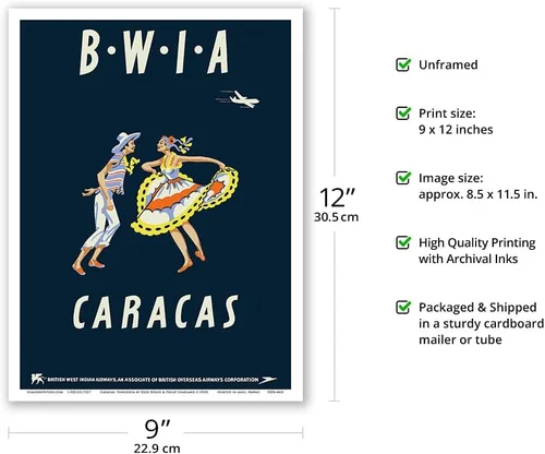 Miniatura 2 de Caracas Venezuela – British West Indies Airways BWIA (Bee-Wee) – Póster vintage de viaje por Dick Negus y Philip Sharland c.1950s – Impresión