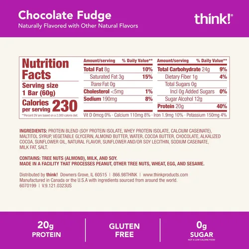 Miniatura 2 de Think! (thinkThin) Barras ricas en proteína de 20 gramos – Chocolate fundido, 0 gramos de azúcar, sin edulcorantes artificiales, sin gluten, sin