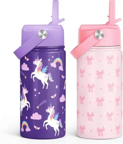 Miniatura 11 de SANDJEST Botella de Agua para Niños con Tapa de Pajita - 12 Oz Botella de Acero Inoxidable Aislada con Dibujo de Animales para Niños y Niñas - Taza