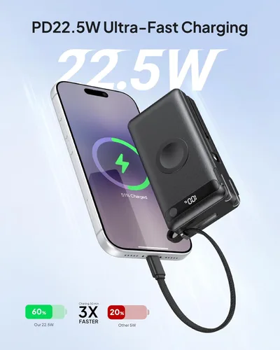 Miniatura 3 de Cargador portátil con cables integrados y enchufe de pared, 50% más pequeño 10000 mAh, cargador de batería USB C de 22.5 W, batería esencial