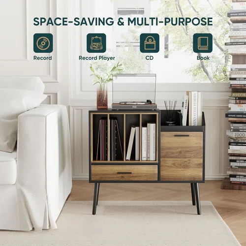 Miniatura 4 de Semiocthome Soporte para tocadiscos con caja de almacenamiento de vinilo anidable, mesa de tocadiscos con cajón, un gabinete, área de almacenamiento