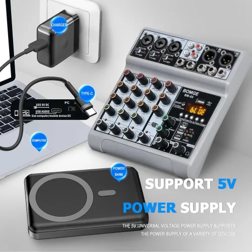 Miniatura 7 de BOMGE Mezclador de audio, consola de mezcla de tablero de sonido con 5 canales digitales USB Bluetooth, efecto de eco y retardo, alimentación