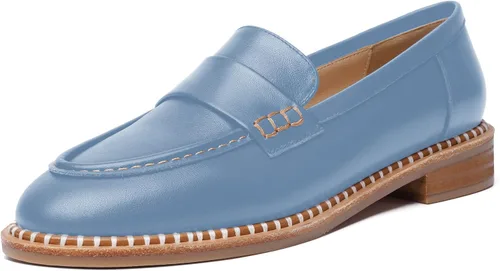 Miniatura 26 de FOGEENA Mocasines de cuero mate para mujer, estilo casual, sin cordones, punta redonda, tacón bajo grueso, zapatos de vestir de 1 pulgada