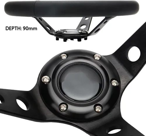 Miniatura 4 de Volante universal de carreras de 6 pernos 320mm 12.5" de cuero genuino negro con agarre, marco de aluminio, volante deportivo de llanta profunda
