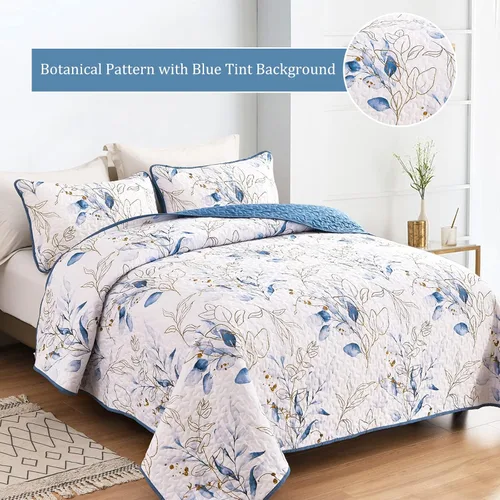 Miniatura 3 de Anibedding Juego de edredón azul tamaño King, 3 piezas reversible, elegante patrón de hojas botánicas azules, colcha de microfibra suave para toda