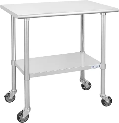 Miniatura 58 de Mesa de acero inoxidable para preparación y trabajo, con ruedas giratorias, mesa resistente, comercial NSF, con estante inferior y protector