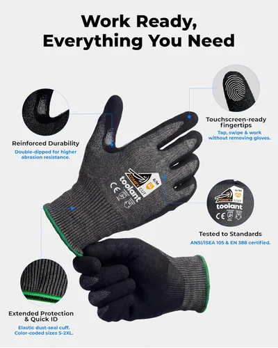 Miniatura 7 de toolant ANSI A4 - Guantes de trabajo resistentes a los cortes sin acero y fibra de vidrio, comodidad ultraligera y ajuste adecuado, para mecánicos