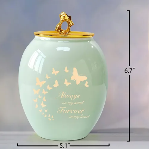 Miniatura 2 de Urna de mariposa mediana para cenizas humanas hembra/mujer/mamá/madre Green Ceramics Decorative Urns for Human Ashes,Memorial Urn with Velvet Bag