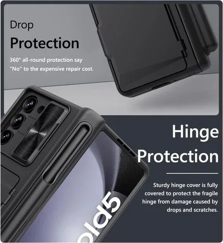 Miniatura 6 de Vihibii Funda para Samsung Galaxy Z Fold 5 con soporte para S Pen, tarjetero y cubierta de lente deslizante, protector de pantalla y protección