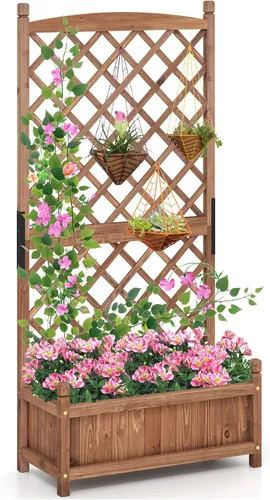 Giantex Cama de jardín elevada con enrejado, contenedor de madera de 60 pulgadas con agujeros de drenaje, enrejado alto para colgar macetas de