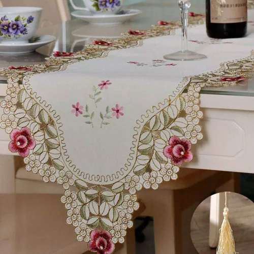 Miniatura 4 de HOLY HOME Camino de mesa navideño 100% poliéster, bordado de encaje, rosa, tela pastoral, decoración del hogar (rosa, 16 x 70 pulgadas)