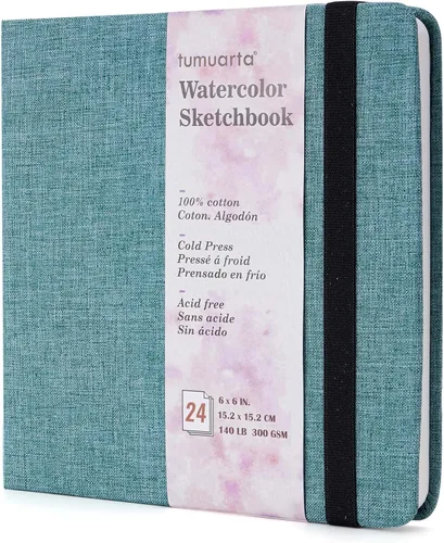 tumuarta Cuaderno de bocetos de acuarela cuadrado, 6x6”, 140 LB, 300GSM, papel 100% algodón, prensado en frío, 24 hojas, 48 páginas, diario de