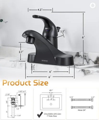 Miniatura 6 de WOWOW Grifo de Baño Negro de Una Manija Centerset de 4 Pulgadas Grifos de Baño con Conjunto de Desagüe con Varilla de Elevación Grifo de Lavabo