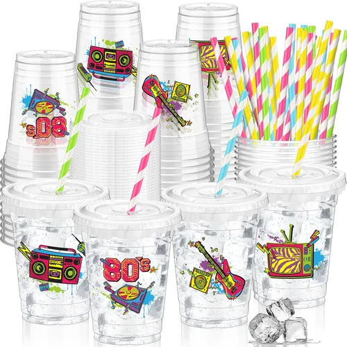 FoldTier 50 tazas de plástico desechables de los años 80 de 12 onzas G Back to 80s tazas gruesas temáticas de los años 80 tapas para tazas Varios