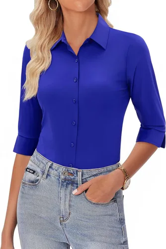 Miniatura 13 de siliteelon Camisas con botones para mujer, manga 3/4, elástica, ajustada, sin arrugas, cuello para negocios, trabajo, tops