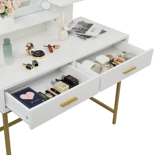 Miniatura 5 de Henf Escritorio negro con espejo y luces, mesa de tocador de maquillaje, 2 cajones y 3 estantes de almacenamiento, tocador de dormitorio