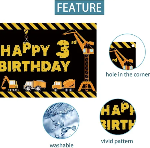 Miniatura 3 de Joyiou Cartel de fondo de decoración de feliz tercer cumpleaños con tema de construcción para niños y niños, tres años de edad, camión volquete