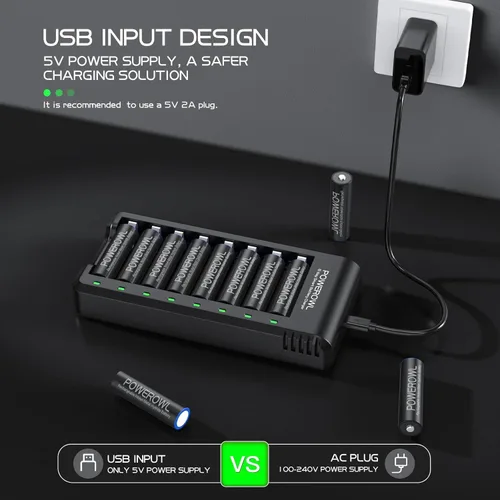 Miniatura 5 de Powerowl Cargador de Batería de 8 Compartimentos AA AAA, Carga USB de Alta Velocidad, Compartimento Independiente, para Baterías Recargables Ni-MH