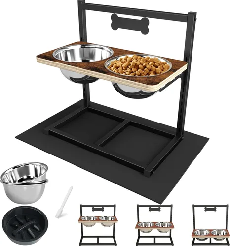 Miniatura 8 de Cuencos Elevados para Perros Grandes, Soporte Elevable Ajustable a 6 Alturas con Alfombrilla, Cuenco de Alimentación Lenta y Tres Cuencos de 1700ML