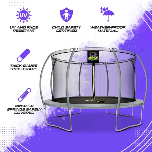 Miniatura 8 de Trampolín de 15 pies con red de recinto, trampolín para exteriores con red de seguridad para niños con escalera, trampolín para patio trasero de 6