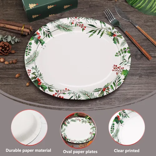 Miniatura 4 de 50 platos ovalados de Navidad, platos de papel resistentes de 12 x 10 pulgadas con hojas de acebo, bayas rojas para Navidad, vacaciones, boda