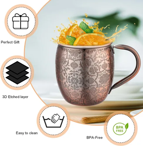 Miniatura 6 de UNISWEET Moscow Mule - Tazas de 18 onzas chapadas en cobre fina artesanía, tazas grabadas con acero inoxidable 304, para bebidas frías, cerveza, 1