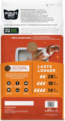 Miniatura 2 de WORLD'S BEST CAT LITTER Bajo Rastro y Control de Polvo para Múltiples Gatos Sin Fragancia 15 Libras - Ingredientes Naturales, Aglutinación Rápida