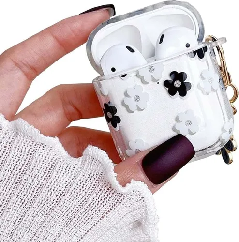 Miniatura 11 de Funda protectora para AirPods Pro de 1ª generación con llavero, bonita funda protectora para auriculares con flores negras y flores, TPU suave
