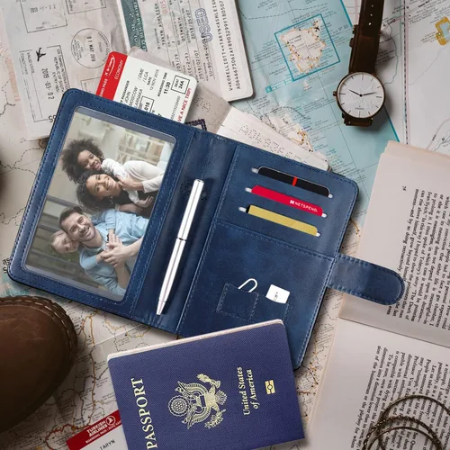 Miniatura 7 de RSAquar Combo de portatarjetas de pasaporte y vacunación, funda para pasaporte, funda de cuero para tarjetas, accesorios de viaje con bloqueo RFID