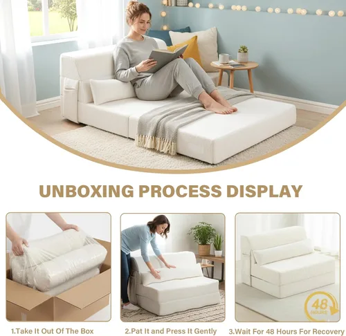 Miniatura 8 de Tiita - Colchón plegable convertible para sofá cama con almohada y bolsillo lateral, colchón de tela de felpa para el suelo, funda lavable