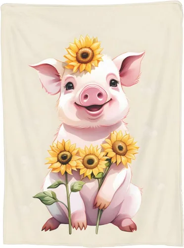 Miniatura 5 de Manta Linda con Diseño de Cerdito y Girasol, Regalos para Adultos y Niños, Manta de Franela de Dibujos Animados, Cerdito y Lechón, Suave, Cómoda