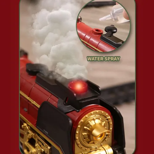 Miniatura 6 de Juego de tren vintage, tren a control remoto con luz, vapor y humo, modelo de locomotora eléctrica de árbol de Navidad con pista ovalada y carro