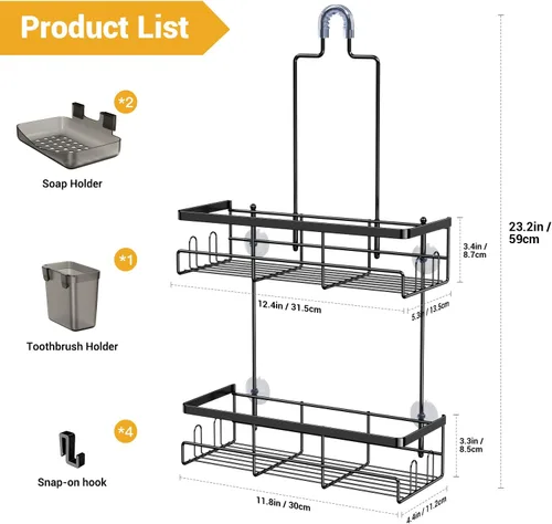 Miniatura 6 de AKTECKE Organizador de baño colgante para ducha: estante a prueba de óxido para ducha interior, sin estantes de perforación sobre el cabezal