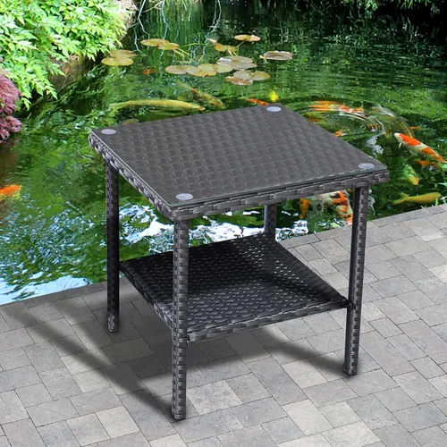 Miniatura 3 de Valita Mesa auxiliar de mimbre PE al aire libre con tapa de vidrio para jardín, junto a la piscina, muebles de ratán para patio, mesa auxiliar, Negro