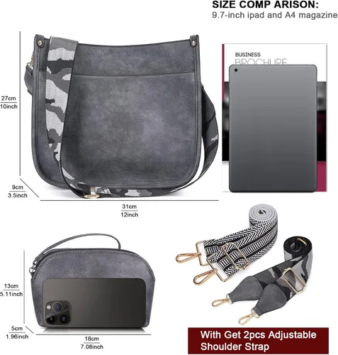 Miniatura 4 de HKCLUF Bolso cruzado para mujer, 2 piezas de cuero Hobo bolso con 2 correas ajustables de leopardo para guitarra