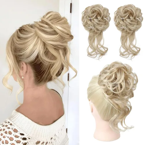 Miniatura 9 de HOOJIH 2 piezas de moño despeinado, recogido despeinado con mechones, extensiones de moño de cabello ondulado rizado, envoltorio de cabello, cola