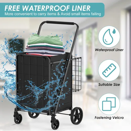 Miniatura 4 de Carrito de compras con capacidad de 150 kg para comestibles, carrito de comestibles jumbo mejorado con forro impermeable, ruedas giratorias de 360°