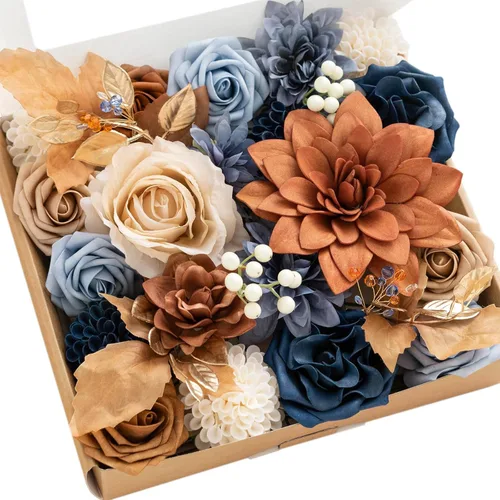 Miniatura 26 de Ling's moment Caja de Flores Falsas, Tallos de Vegetación Artificial Falsa Rosas de Espuma Dalia Hortensia de Seda Peonía Flor de Tela para Centros