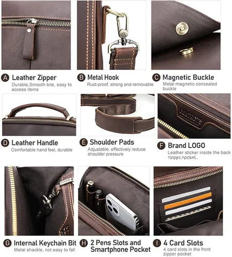 Miniatura 5 de CONTACTS Bolso de mensajero de cuero de grano completo para hombre, bolso de hombro cruzado, bolso de viaje para iPad de 10.5 pulgadas (marrón)
