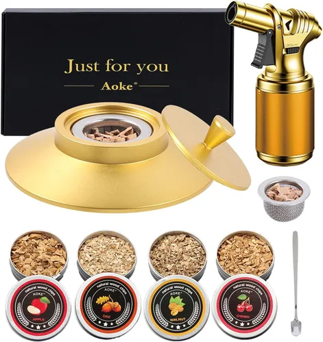 AOKE Kit de ahumador de cóctel dorado con antorcha de metal a la antigua, kit de ahumador de whisky bourbon, 4 fichas de madera, regalo de San