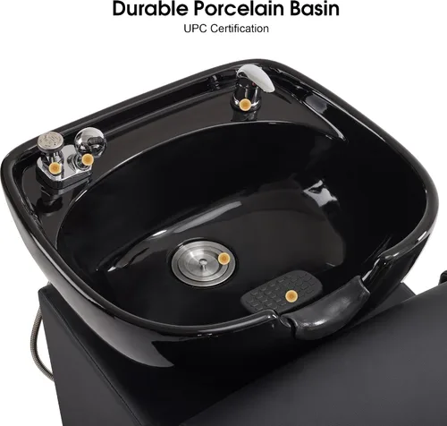 Miniatura 4 de BarberPub Silla de estación de champú de lavado a espalda con cuenco de cerámica de porcelana para lavar el cabello, rompe al vacío, silla Negro