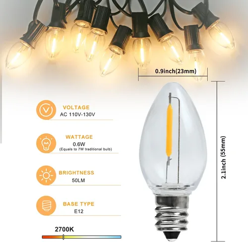 Miniatura 2 de Bombillas LED de repuesto C7 E12 de 0.6 W equivalentes a 7 W, blanco cálido de 2700 K para exteriores e interiores, lámparas de sal de árbol de C7