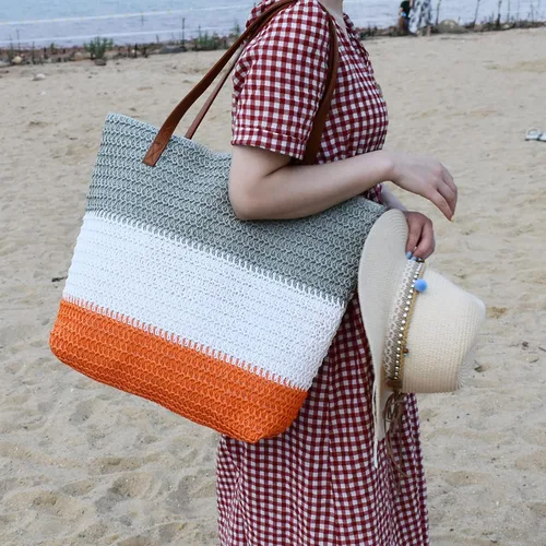 Miniatura 38 de Bolso grande de paja para mujer, tejido de ratán, bolso de playa de verano, a rayas