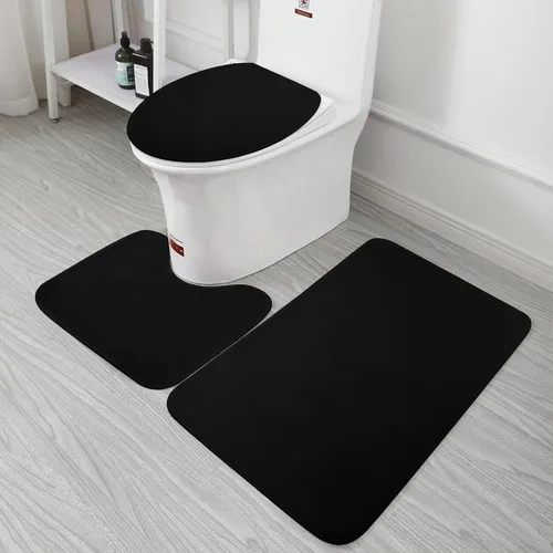 Miniatura 6 de Juego de 3 alfombras de baño modernas en blanco y negro, antideslizante en forma de U y tapa de inodoro