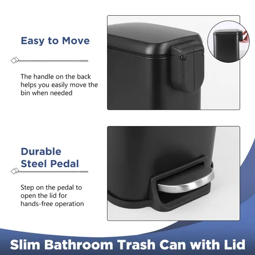 Miniatura 6 de BestOffice Cubo de Basura Delgado con Tapa, 1.3 Galones, Pedal de Paso, Cubo de Basura Pequeño, Negro, Cubo de Acero Inoxidable para Baño